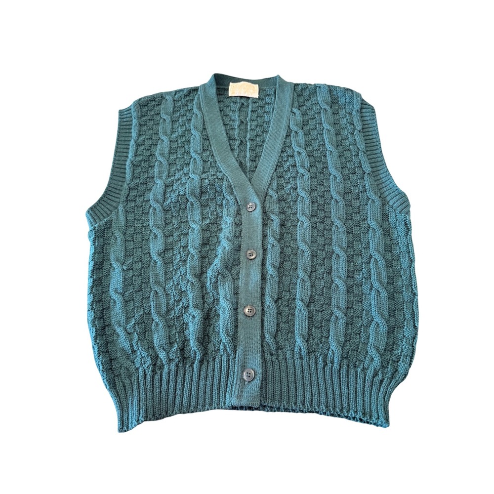 Pendleton Mens Teal Green Cable Knit 100% Virgin Wool Cardigan Vest Size L USA